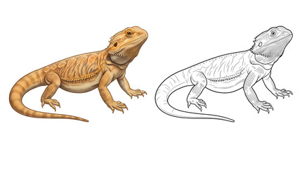 Fototapeta premium Bearded Dragon Comparison: A side-by-side comparison showcasing a colorful, realistic illustration of a bearded dragon next to its detailed, black-and-white line art counterpart.