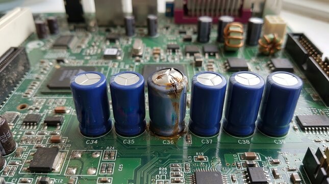 A Macro View of a Blown Electrolytic Capacitor on a Vintage Computer Motherboard