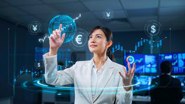 Asian Businesswoman Using Futuristic Technology for Financial Analysis and Global Currency Trading in Modern Office