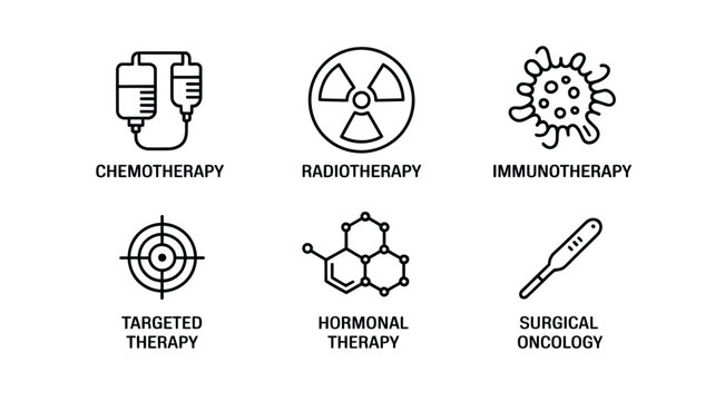 Cancer treatment line icon set featuring chemotherapy radiotherapy immunotherapy targeted therapy hormonal therapy and surgical oncology symbols vector illustration