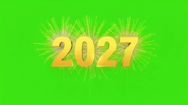 Happy new year 2027 fireworks celebration with golden numbers and festive bursts of light symbolizing joy, future beginnings, and holiday greetings on green screen background