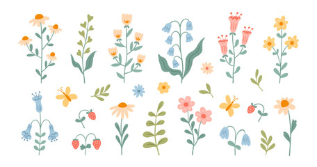 Set of summer abstract hand drawn flowers. Cute floral doodle elements, wildflower and garden, camomile, strawberry, plants, leaves and herb. Beautiful blooming meadow flowers. Vector illustration.
