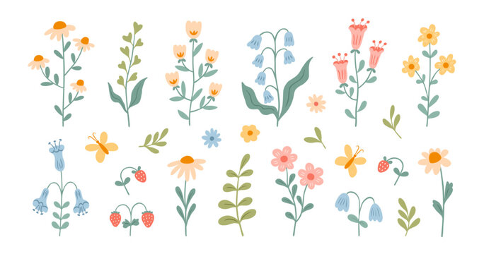 Set of summer abstract hand drawn flowers. Cute floral doodle elements, wildflower and garden, camomile, strawberry, plants, leaves and herb. Beautiful blooming meadow flowers. Vector illustration.