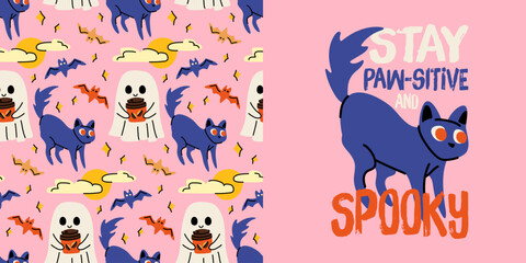 Naklejka premium Spooky cat and ghost hand drawn vector sticker and seamless pattern set for Halloween decor