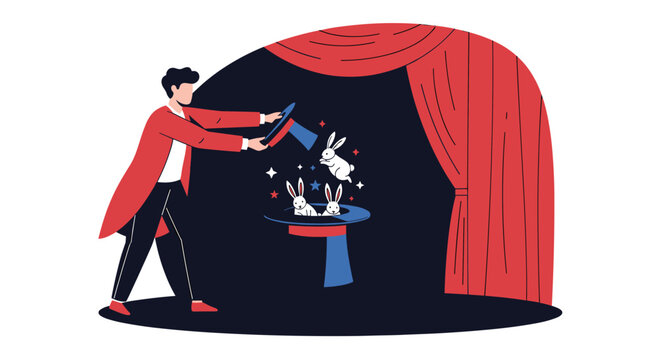 Professional magician performing on a dark theater stage by pulling cute white rabbits out of his magic top hat in a red curtain.