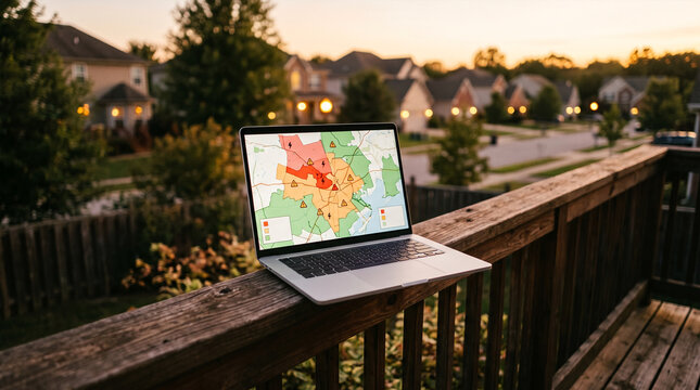 Laptop displaying weather map with risk zones on wooden deck at sunset
