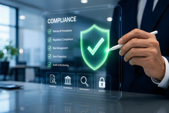 Man's hand touching a transparent screen displaying compliance checklist and security shield with glowing checkmark