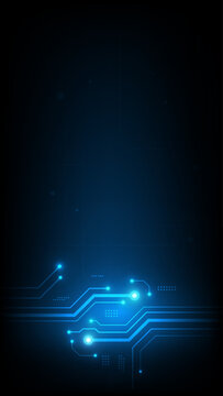 Vertical glowing blue digital circuit board vector background with copy space. Futuristic microchip line illustration for high-tech cyber security, mobile network technology, and data logic concept