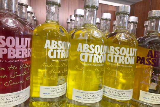 Basel, Switzerland, May 25, 2026: Bottles of Flavored Absolut Vodka on Display for Beverage Enthusiasts and Retail Decor Ideas