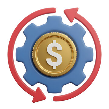 Golden dollar coin set inside blue mechanical gear with red circular arrows representing continuous financial investment and business process automation