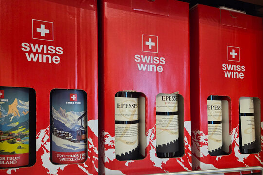 Basel, Switzerland, May 25, 2026: Swiss Wine Gift Packaging with Scenic Labels for Celebratory Occasions
