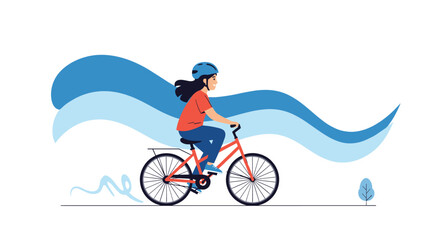 Fototapeta premium Young girl in a helmet riding a bicycle on a road with dynamic abstract blue wave lines on background, vector.