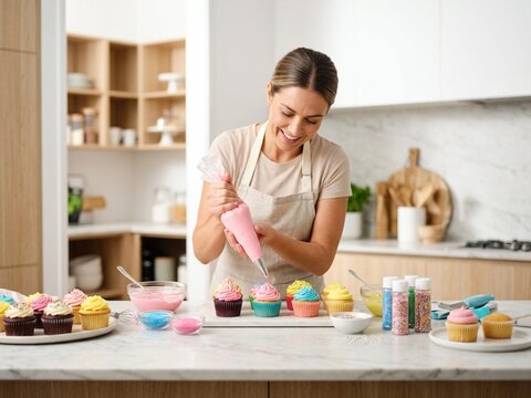 A young woman meticulously decorates fresh cupcakes with sparkling sugar crystals in a bright, modern kitchen setting.