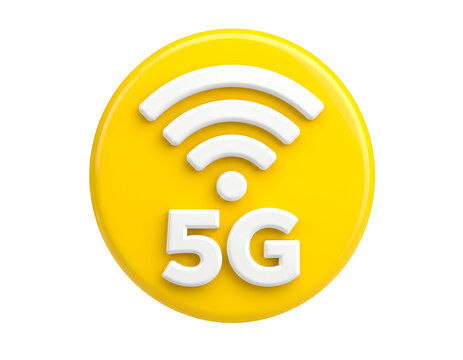 Bright yellow circle icon featuring white 5g lettering and signal waves displayed in a clean three dimensional glossy plastic style