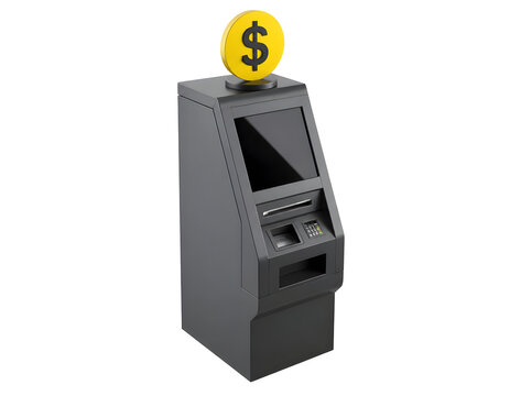 Modern grey automated teller machine kiosk with a large bright yellow dollar currency icon placed on top white background isolated