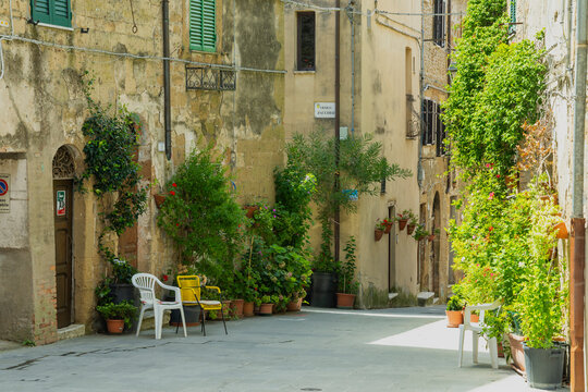 Pitigliano street scene with old buildings and green plants