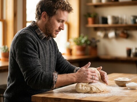 A close-up shot of a young father kneading fresh pastry dough in a sunlit breakfast nook with warm interior lighting.