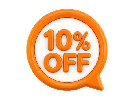 Ten percent off sale tag featuring bright orange glossy text inside a circular bubble shape isolated on white background surface