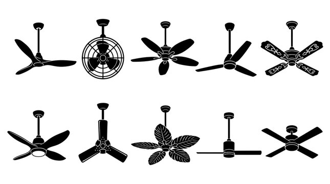 Ceiling fan silhouettes set vector illustration with modern and vintage electric fan designs