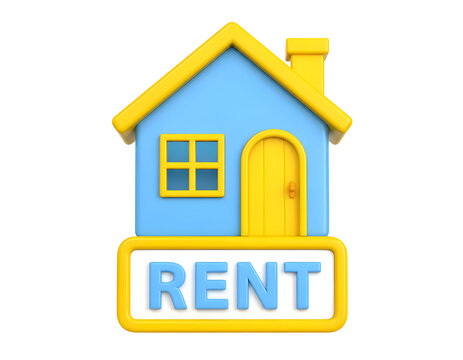 Blue and yellow 3d house icon features a prominent rent sign for real estate marketing and residential property rental concepts