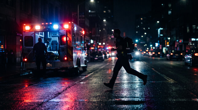 Paramedic rushes to ambulance on wet city street at night