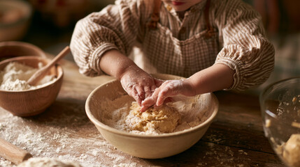 Fototapeta premium Close-Up of Child Mixing Dough in Bowl on Wooden Table, Baking at Home