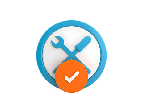 Crossed wrench and screwdriver tool icon featuring a vibrant orange checkmark overlay rendered in a smooth rounded 3d style design