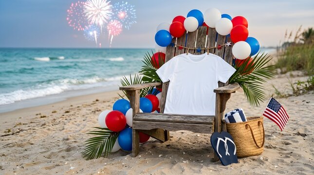 Patriotic 4th of july beach scene with a blank white tshirt mockup on a rustic wooden chair, decorated with red, white, and blue balloons, fireworks, and an american flag