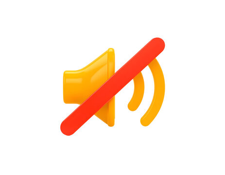 Mute symbol featuring a glossy yellow speaker icon crossed out by a bold red diagonal line on white background surface