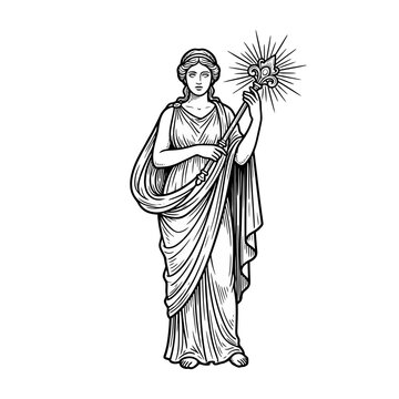 Ancient Greek goddess holding ornate scepter engraving.