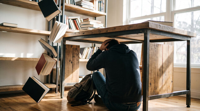 Overwhelmed student struggling with studying under a desk surrounded by falling books