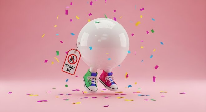 A 3d rendered character with a spherical body wearing colorful sneakers, floating amidst falling confetti against a soft pink background, with a do not sit tag attached