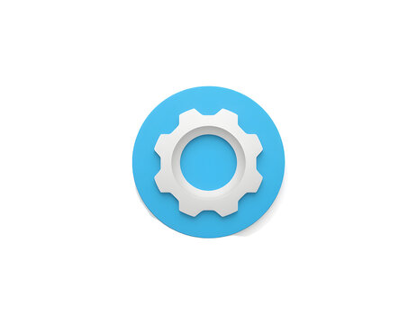 White gear icon centered on a bright blue circular button for computer settings menus and digital interface design software projects