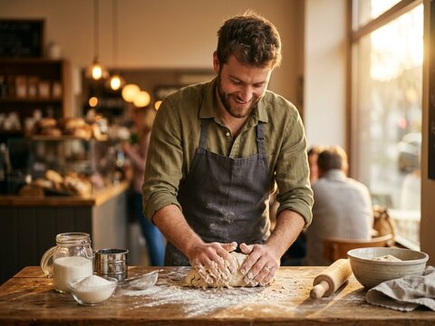 A young man diligently kneads fresh bread dough during golden hour in a bright, sunny breakfast nook.