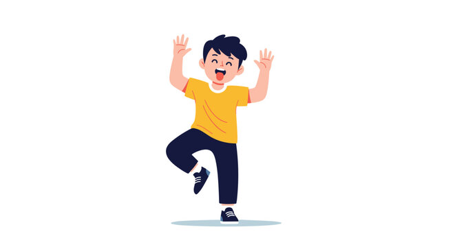 Playful young boy in a yellow t-shirt and blue pants dances and makes a funny face by sticking his tongue out with arms raised.