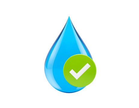 Glossy blue water drop icon featuring a vibrant green circle with a white checkmark symbol for quality testing validation concepts