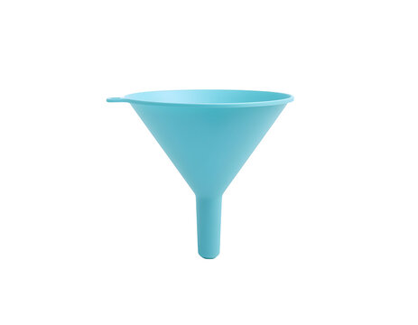 Light blue plastic kitchen funnel isolated on a clean white background representing simple liquid transfer tools for home cooking utility