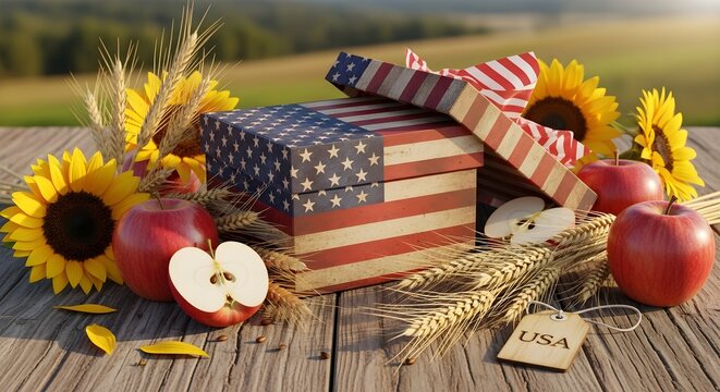Patriotic american gift box with sunflowers, red apples, and wheat stalks on a rustic wooden table, celebrating usa holidays like independence day or labor day
