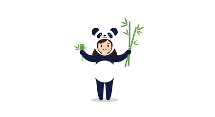 Cute young girl dressed in a panda onesie costume holding stalks of green bamboo in both hands on white background.