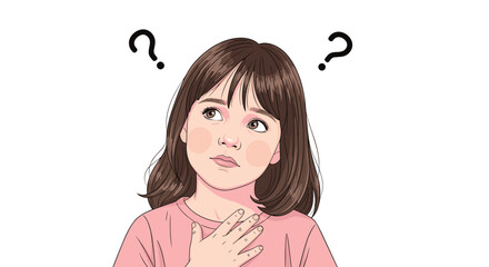 Portrait of a young girl looking upwards with a confused expression and two black question marks above her head.