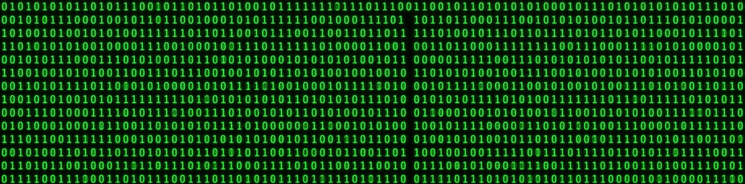 Abstract green binary code background with rows of digital zeros and ones on a dark screen representing hacking, cyber security, and big data technology