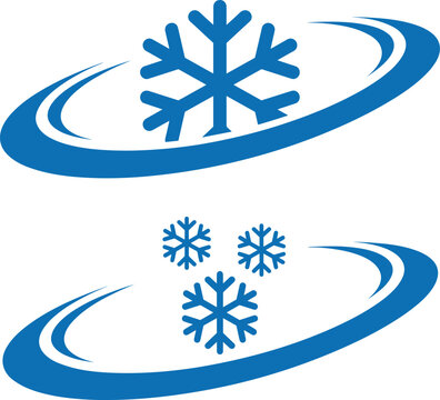 Blue snowflake air conditioning symbols, cold frost weather icons, winter climate cooling swoosh graphics, hvac airflow logos