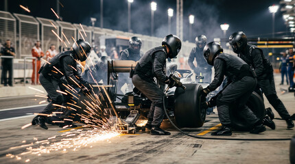 Obraz premium Formula 1 pit stop crew in action with sparks flying during night race