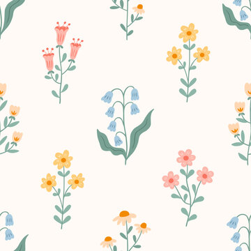 Cute seamless floral pattern with hand drawn pastel flowers. Summer print, wildflower, camomile. Vector meadow and garden flowers background for fabric design, baby clothes, wallpaper.
