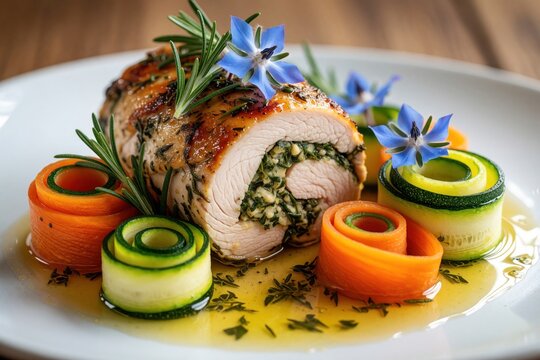 Herb stuffed chicken ballotine served with zucchini, carrot ribbons. Plate features colorful vegetable rolls, fresh blue flowers in citrus herb oil. Gourmet poultry meal presented on white plate with