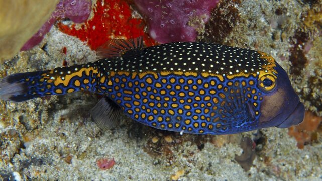 A colourful fish with a striking pattern, white trunkfish (Ostracion meleagris), swimming over corals, dive site Gamat Bay, Nusa Ceningan, Nusa Penida, Bali, Indonesia