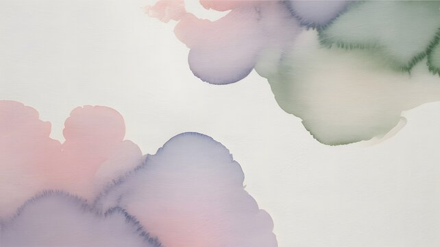 Soft pastel watercolor paint wash abstract background with pink purple and green ink splashes