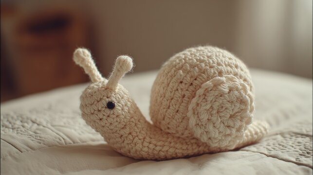 Beige crochet snail toy on soft bed surface.