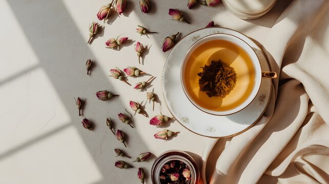 Cup of herbal tea with dry rose buds on a table