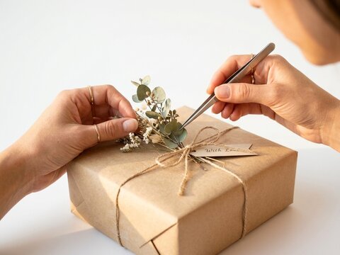 Close-up side view of hands carefully decorating a minimalist parcel with dried eucalyptus sprigs under warm golden hour sunlight. This artisanal gift wrapping scene emphasizes sustainable packaging.
